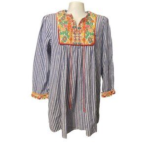 VEL ZERA Tunic Medium Boho Floral Embroidery Front Back & Cuffs Stripes PomPom